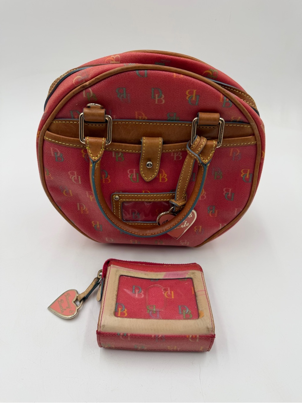 Dooney & Bourke Red Round Satchel with Tan Trim and Matching Wallet